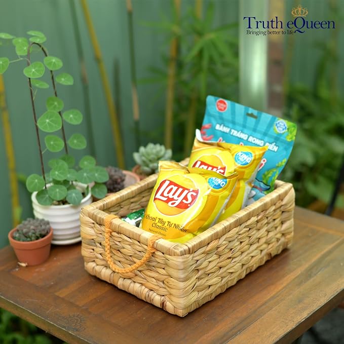 Water Hyacinth Storage Baskets For Organizing, Wicker Baskets For Storage With Macrame Handle, Small Woven Basket Small Wicker Blanket Basket For Organizing, Rectangular Woven Blanket 12x9x5 In - Image 5