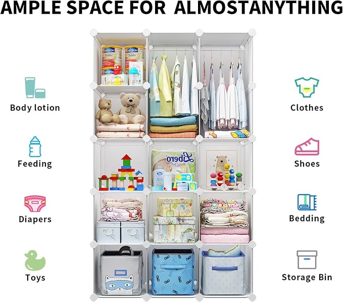 Modular Baby Wardrobe Closet, Portable Children Organizers and Storage for Nursery,15 Cubes with Hanging Rods,Multi-Functional Kids Storage Shelf-Bedroom Clothes Armoire (Boys & Girls) - Image 4