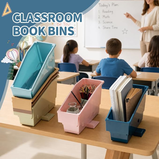 Geetery 12 Pack Non-Tip Book Bins with Stabilizer Wings Multicolor Plastic Storage Organizers Color Code Organization for Home Office Desktop Library Shelves Document Magazine File Holder (Boho) - Image 4