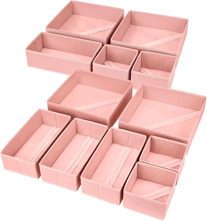 DIMJ Drawer Organiser System Drawer Organiser - Pack of 12 Storage Box Fabric Foldable Underwear Wardrobe Organiser for Clothes, Socks, Ties, Pink by DiMJ