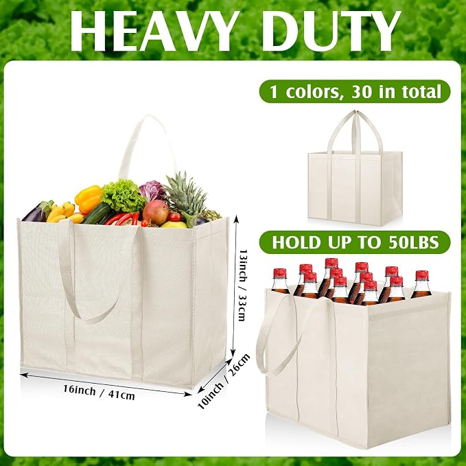 Hillban 30 Pack Large Reusable Shopping Bags Bulk | Heavy Duty Foldable Grocery Bags 16 x 13 x 10 Inch, Washable Portable Storage Totes with Reinforced Handles - Image 3