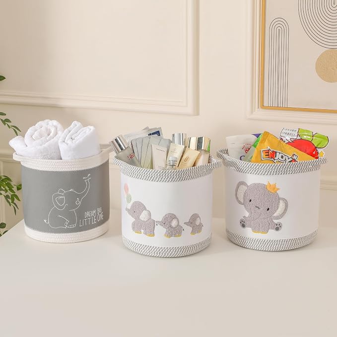 Blanket Baskets Baby Toy Basket Laundry Hamper Cute Elephant Nursery Storage Basket, Woven Cotton Rope Nursery Organization Bins For Girls Boys Kids Baby Shower Gifts Baskets - Image 8