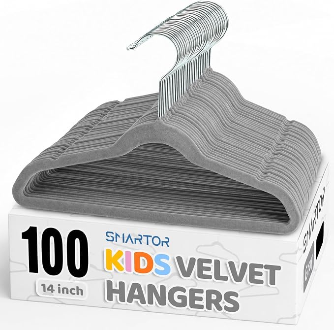Premium 14 Inch Kids Hangers 100 Pack, Baby Velvet Hanger Non Slip | Grey Space Saving Felt Hangers Clothes Organizers for Closet with 360° Swivel Hook for Children, or Wholesale Small business by Smartor