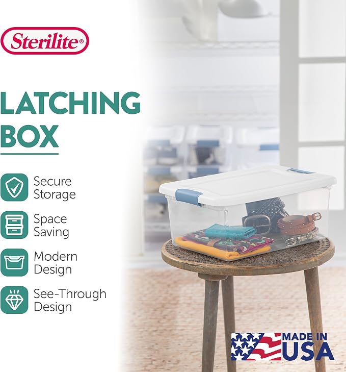 Sterilite 15 Qt Latching Storage Box, Stackable Bin with Latch Lid, Plastic Container to Organize Closet Shelf, Clear with White Lid, (Pack of 12) | Heavy-Duty and Stackable Plastic Containers with Latches for Closet, Cabinet, Bedroom, Bathroom and Dor... - Image 3