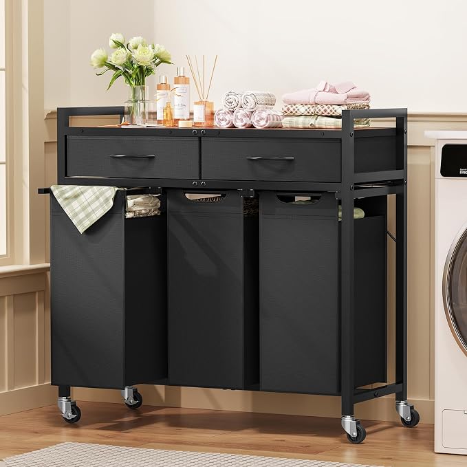 Laundry Sorter 3 Section, 120 L Laundry Hamper with 2 Drawers & 2-tone Top Panel, Rolling Laundry Basket Organizer with Pull-Out Removable Oxford Fabric Bags for Laundry Room Organization UNZYL006BVV3 - Image 8
