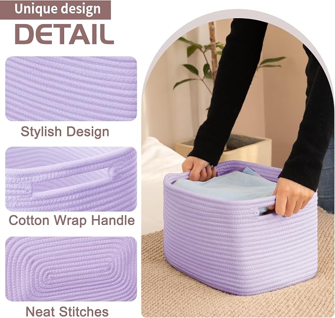 OIAHOMY 4 Pack Storage Baskets for Organizing 15L Cube Storage Bins Purple | Woven Baskets for Storage Rectangle Small Baskets With Handles Baskets for Shelves Wicker Baskets for Shelves 12.7x9x7.8inch - Image 3