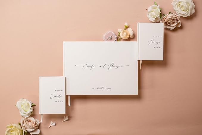 Personalized Wedding Book Set with Guestbook Vow Books (Design 1) - Custom Large 11.5 x 8.5 Guest Signin Book, 5.75 x 4 Vow Books for Marriage Ceremony Reception, Gift for Engaged Couple, Eggshell - Image 7
