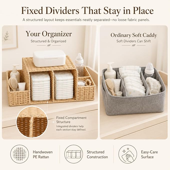 Diaper Caddy Organizer, Baby Changing Table Organizer | Hand Rattan Nursery Storage Basket for Baby Essentials, Perfect Nursery Assistant - Image 7