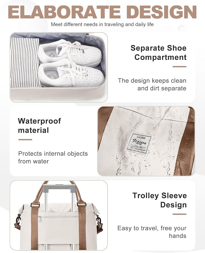 Travel Duffel Weekender Bag Women Tote Carry On Bags With Shoe Compartment | 18x14x8 inches Travel Overnight Bags with Trolley Sleeve for Airplanes Sport Tote Gym for Men Lightweight Daypack BeigeBrown - Image 5
