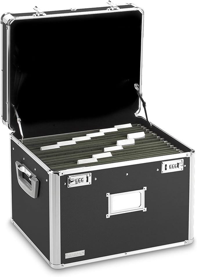 Vaultz Portable File Box, Legal/Letter, Dual-Combination Lock, 17.5x14 In | Sturdy PVC frame with metal rails for hanging files, side handles for carrying, chrome-plated lock accents, black finish by Vaultz