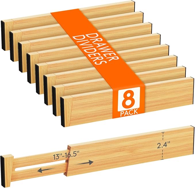 Lifewit 2.4" Kitchen Drawer Dividers, Adjustable Bamboo Drawer Organizers | 8 Pack 13"-16.5" Expandable Drawer Separator for Clothes, Utensils, Dresser, Cabinet, Closet, Nursery Organization & Storage by Lifewit