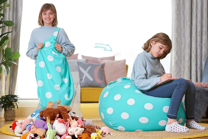 Aubliss Stuffed Animal Bean Bag Storage Chair, Beanbag Covers Only | for Organizing Plush Toys, Turns into Bean Bag Seat for Kids When Filled, Large 38"-Canvas Dot Light Aqua - Image 2