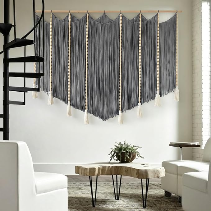 Jakalin Macrame Wall Hanging Grey Woven Yarn Large Boho Wall Art 57" x 43" | Handwoven Cotton, Fiber Wall Art, Grey Dip dye Design, Home Decor Boho, Macrame Yarn, Living Room, Bedroom Wall Decor - Image 4