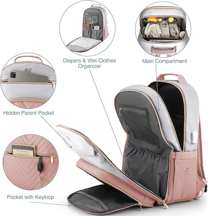 Diaper Bag Backpack, Quilted Baby Bag with Changing Pad & Stroller Straps & Pacifier Case, Large Travel Diaper Bags for Mom Dad, Pink Grey - Image 4