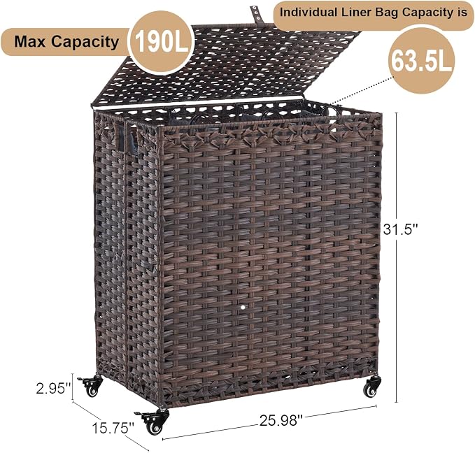 Laundry Hamper with Wheels&Lid, 50.2 Gallons(190L) Rolling Laundry Basket with Wheels, 3-Section Laundry Hamper, Handwoven Rattan Clothes Hamper with 6 Removable Liner& 3 Mesh Laundry Bags, Brown - Image 4