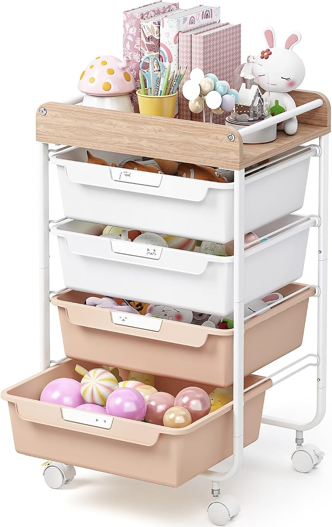 SYKIARIOL Rolling Storage Utility Cart with 4 Drawers,Art Cart,Pearl | Kids Craft Cart,Makeup Organizer and Storage with Wooden Tabletop by SYKIARIOL