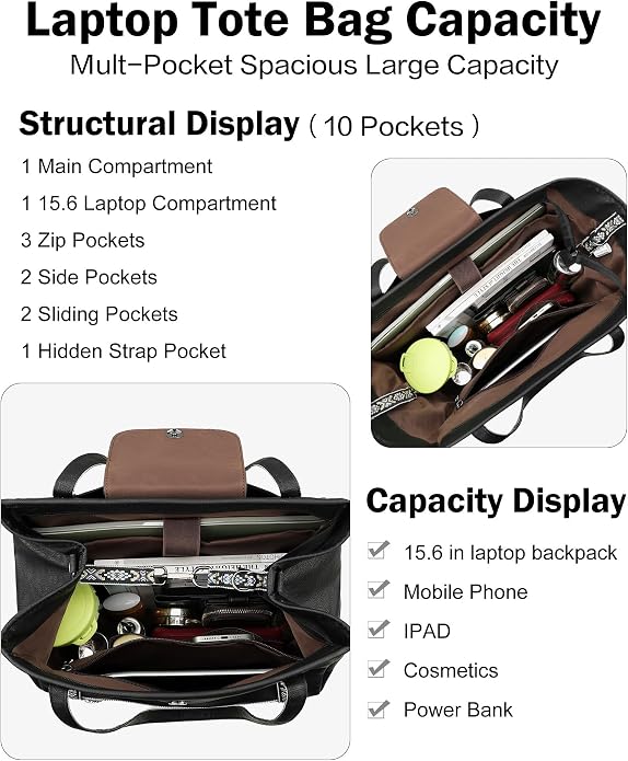 Large Laptop Tote Bag for Women Designer Leather Laptop Bag, 15.6in | Fashion Travel Backpack Purse Shoulder Handbag Fits 15.6 Laptop, Daily, Work, Business Trip, Weekend Travel, Teacher - Image 3