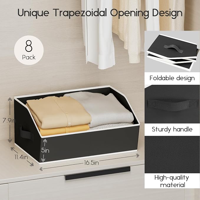 Large Closet Organizers and Storage Bins - 8 Pack Trapezoid Storage Baskets for Shelves, Foldable Fabric Baskets with Handles Ideal for Closet, Basket, Wardrobe and Shelf Storage, Black - Image 2