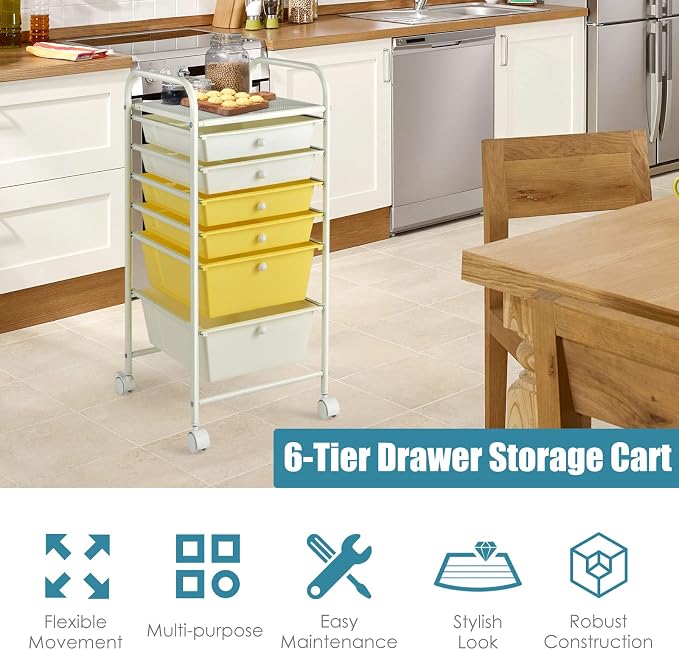 GOFLAME 6-Drawer Rolling Storage Cart, Multifunctional Art Craft Organizer Cart, Mobile Utility Storage Cart with Removable Drawers & Lockable Wheels, Craft Cart for Home Office, School, Yellow - Image 4