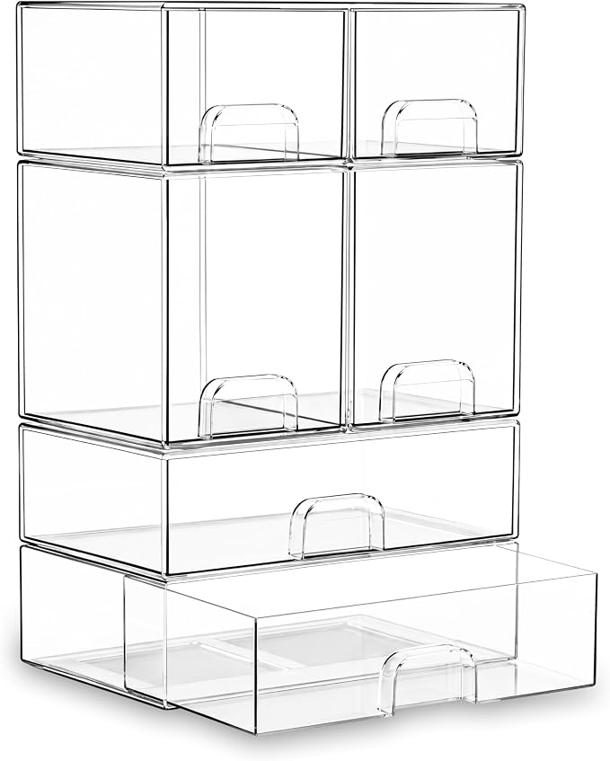 Stackable Storage Drawer Organizers Set of 6 for Bathroom Organizer Storage | Clear Plastic Organizer Bins for Baby Bottle, Kitchen Under Sink, Laundry, Pantry, Beauty, Cabinet, Medicine, Office Supplies by Unknown