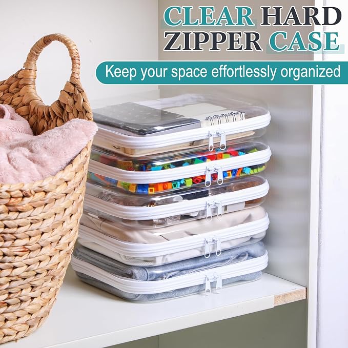 Sanwuta 6 Clear Hard Zipper Case,White,9.84 X 7.87 X 2 Inch | Pencil Case Pouches ,Makeup Bag,Plastic Toiletry Diaper Bag ,Travel Toy Storage,Waterproof Organizer Bins - Image 5