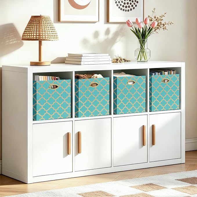 Posprica 13x13x13 Storage Cube Bins, Collapsible Storage Bins Fabric Storage Cubes Organizer Baskets Box Drawers for Shelves, Closet, Wardrobe, Bookshelf, Cabinet, Sky Blue/Gold Lantern, 4 Pack - Image 7