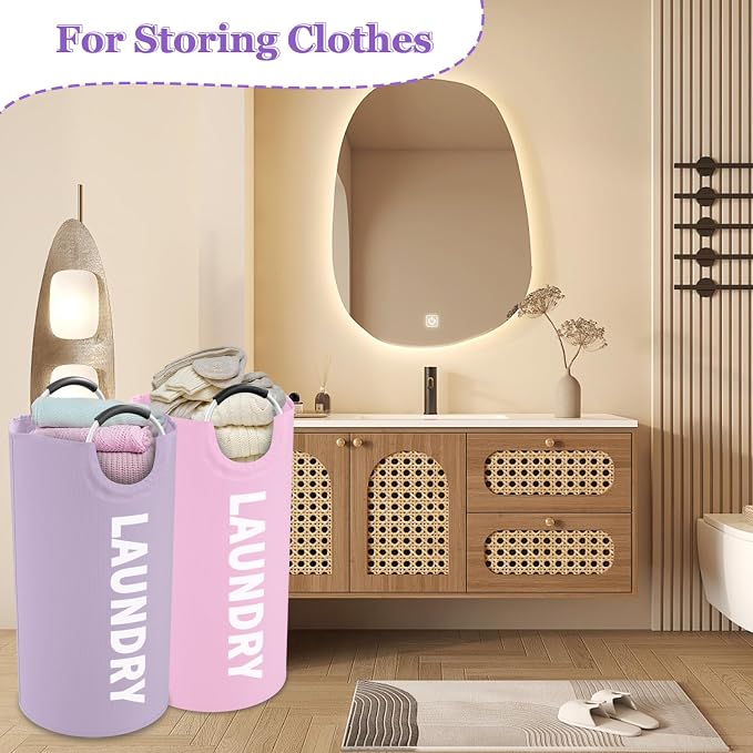 2Pcs 95L Purple + Pink Laundry Basket, Folding Laundry Hampers for Women with Soft Handles, Freestanding Dirty Clothes Basket, Sturdy Oxford Fabric Clothes Hampers for Travel, Dormitory - Image 5