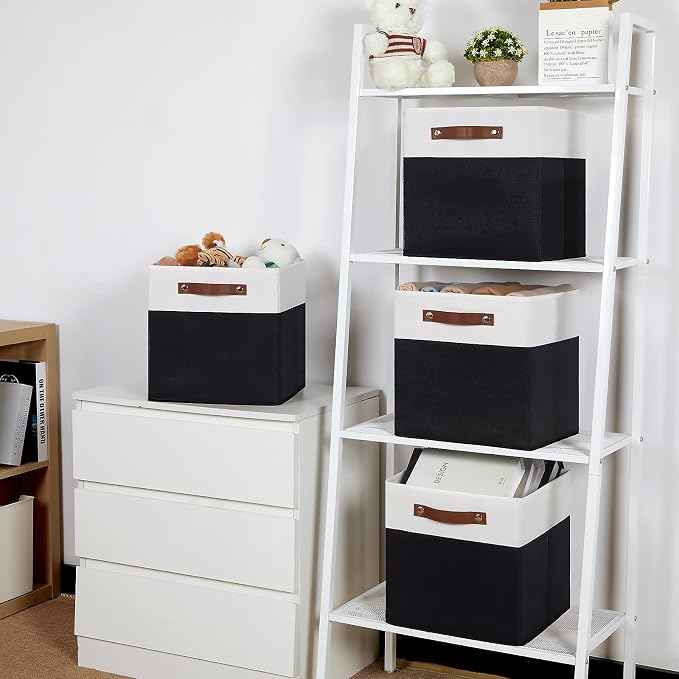 Temary Foldable Storage Cubes Set of 4 - Organizers with Handles, Decorative Storage Boxes for Home, Office (White&Black) - Image 5