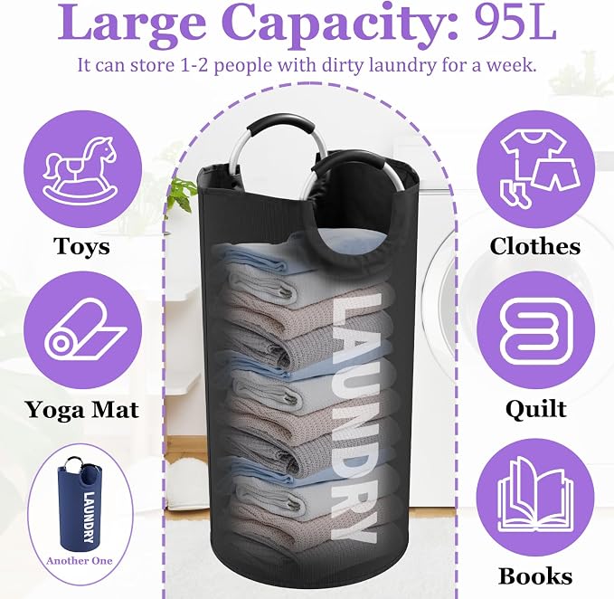 95L Collapsible Laundry Basket, Oxford Hamper for Clothes, Navy Blue+Black | IHOMAGIC 2PCS Tall Dirty Clothes Hamper, Freestanding Laundry Bin, Storage Basket for Laundry Room, Bedroom, Dorm, Bathroom - Image 2