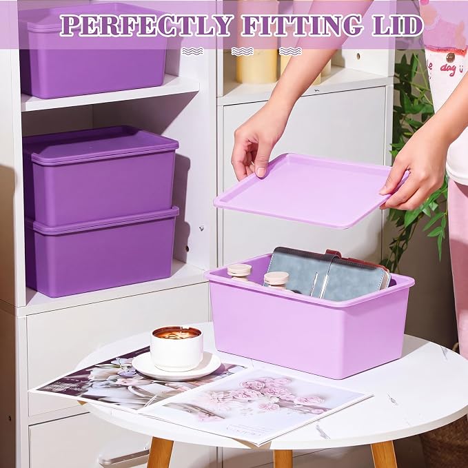 4 Pcs Storage Bins with Lids, Dark Purple, Light Purple, Small | Plastic Stackable Organizing Containers, Heavy Duty Storage Boxes for Classroom Room Shelves, Christmas Ornaments Baskets - Image 3