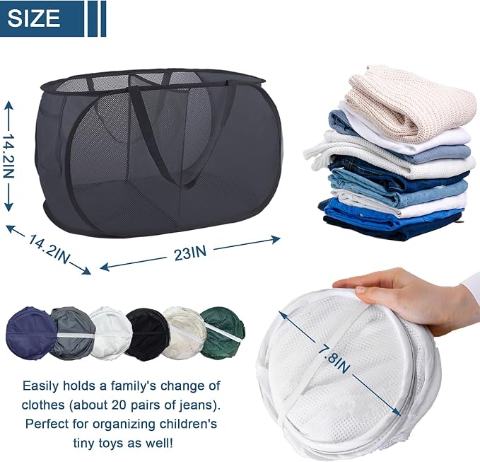 6 Pack Collapsible Laundry Baskets, 2 Compartment Pop Up Hamper, 6 Colors | Easy carry handles and foldable mesh design make these hampers suitable for dorms, laundry rooms, travel, and toy storage. - Image 2