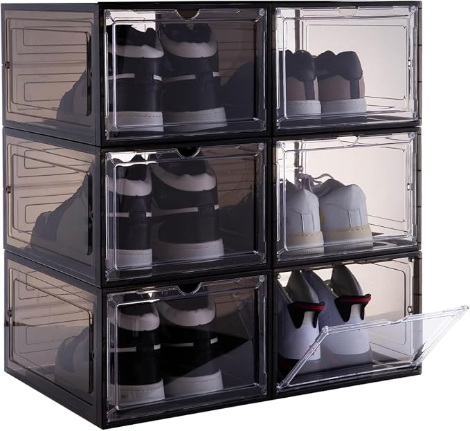 ZLLZUU Shoe Shoe Storage Boxes, 6 Pack Stackable Shoes Organizer Black | Clear Drop Front, Dustproof Magnetic Door, Stackable Containers, for High-Top Sneakers, Durable and Sturdy, Easy to Assemble - Image 6