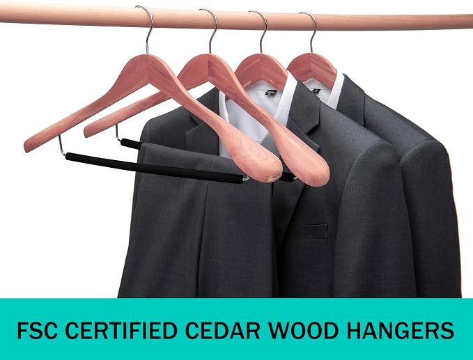 8 Pack Unfinished American Red Cedar Wooden Coat Suit Hangers with Extra Wide Shoulder, Wood Jacket Clothes Hanger with Non Slip Black Padded Pant Bar- 360°Flexible Hook, Natural - Image 6