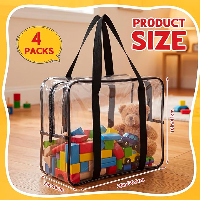 4 Pack Extra Large Clear Toy Storage Bags, 16x20x7 in, Black | Thick PVC Organizer Bags, with Zipper Handles, Ideal for Blocks, Puzzles, Stuffed Animals and Playroom Organization - Image 2