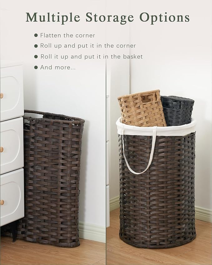 SETVSON Laundry Basket with Lid Round Rattan PE Laundry Hamper, Brown | 110L Large Woven Basket with Lid, Removable Washable Liner Bag, 2 Mesh Laundry Bags, Side Handles for Easy Carrying - Image 5