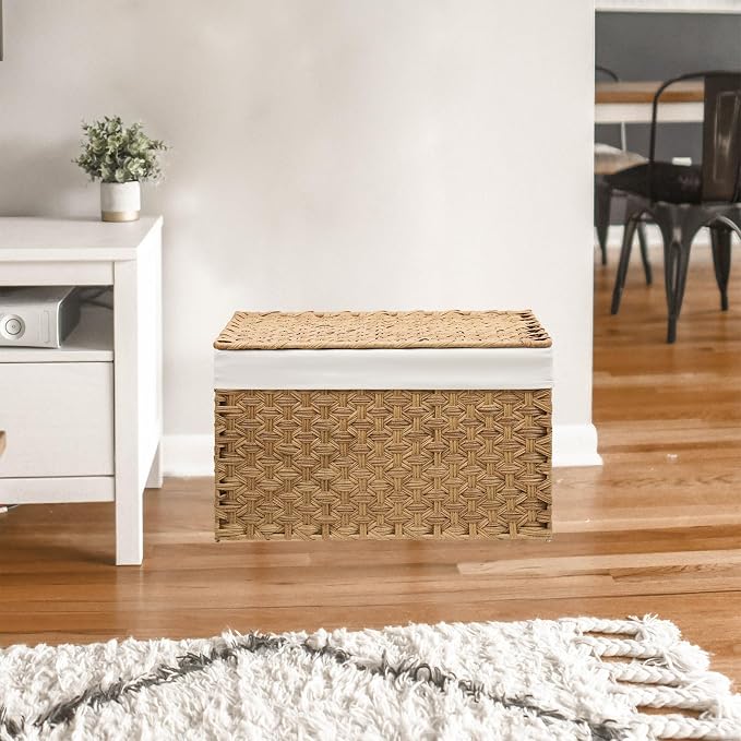 Wicker Storage Basket with Lid, 17.2 Gallon (65L) Small Blanket Basket with Lid, Woven Storage Bin with Handles, Removable Liner, Metal Frame, Foldable, for Bedroom, Laundry Room, Natural - Image 7