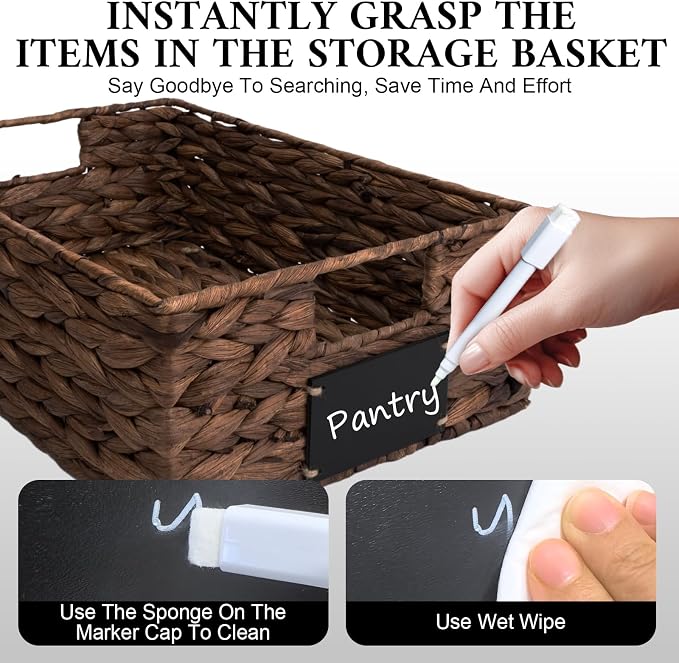 Set of 4 Sizes Hand-Woven Pantry Shelf Baskets, Hyacinth Storage Baskets with Chalkboard Labels & 2 Chalk Markers, Wicker Nestable Basket Set for Organizing Pantry Kitchen Laundry Shelves (Brown) - Image 5