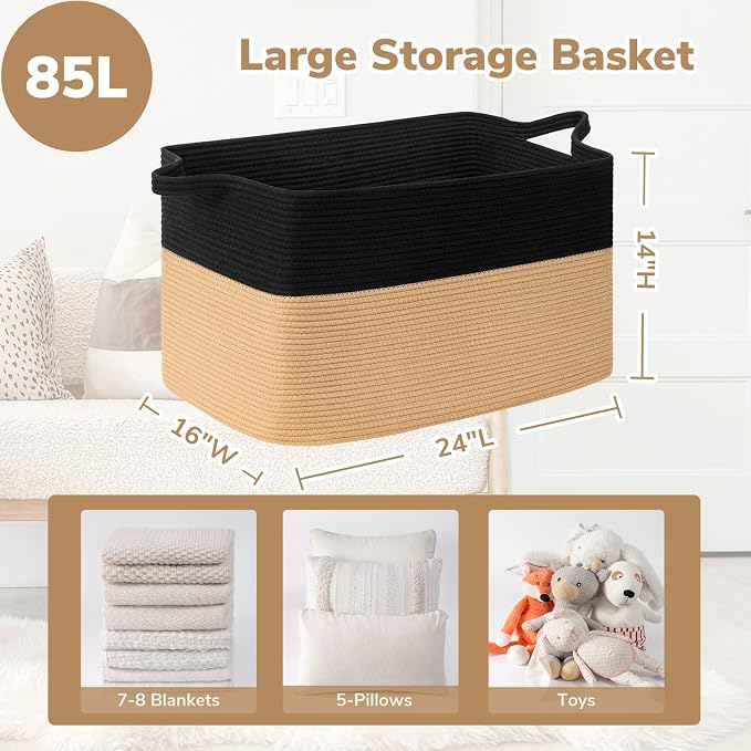 Goodpick 85L Large Woven Rope Blanket Basket, Rectangle, Black & Camel | 23.6'' x 15.7'' x 13.8'' Wicker Storage Basket for Blankets, Pillows & Toys, Home Organization & Decor, Reinforced Handles - Image 3