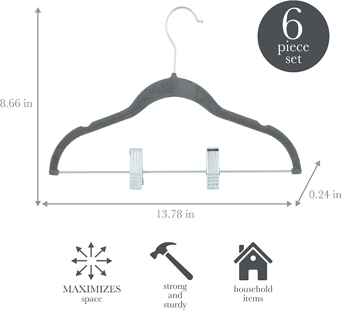 Simplify 60 Pack Children's Velvet Hangers | Durable | Lightweight | Non-Slip | Nursery | Shirt | Pants | Tank Top | Grey | Clips | Closet Organization - Image 2