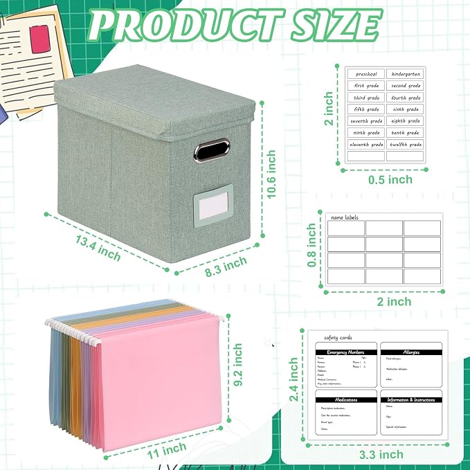 DOSTATNI School Years Organizer Kit K-12 School Years Memory Keeper with 15 Hanging File Folders Plastic 4 different Labels Memory Keepsake Box for kids Storage Pictures File Keeper (Green) - Image 2