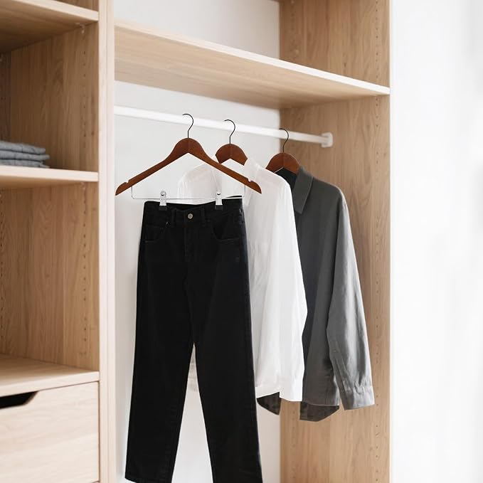 Wooden Hangers with Adjustable Metal Clips, 24-Pack, Walnut | Solid Wood Hangers with 360° Rotatable Hook for Skirt, Dress, Coats, Jacket and Pants, Space-Saving and Non-Slip Design - Image 7