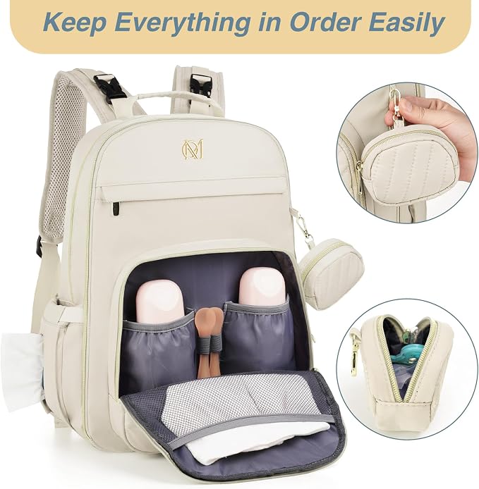 Diaper Bag Backpack, Quilted Baby Bag with Changing Pad and Stroller Straps and Pacifier Case, Multifunction Waterproof Travel Diaper Bags, Unisex, Beige - Image 5