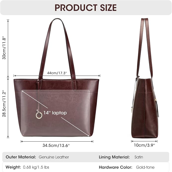 Kattee Vintage Genuine Leather Work Tote for Women | Spacious interior with a zip compartment for organized work, travel, and everyday essentials. - Image 5