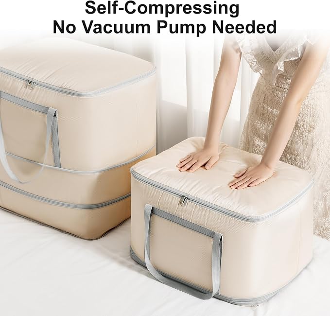 Comforter Storage Bag - 120L Bedding Storage Bags for Closet and Moving, Washable Blanket Storage Bag, Ultra Space Saving Self Compression Organizer, 2-Pack, Beige - Image 3