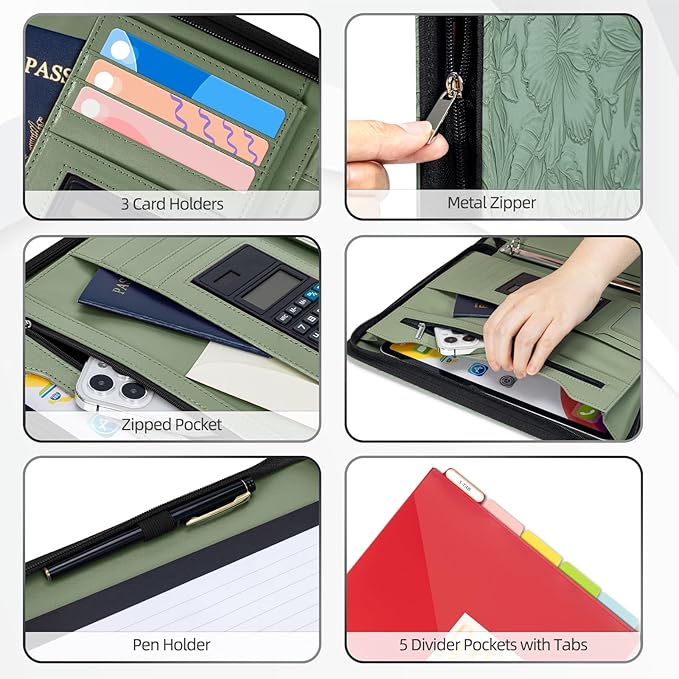 Ospelelf Green Leather Portfolio Binder 3 Ring, Zippered Clipboard Folder with Storage - 5 Dividers with Pocket, Padfolio for Women,12.1” Tablet Sleeve, Refillable Notepad, Card Slot - Image 4