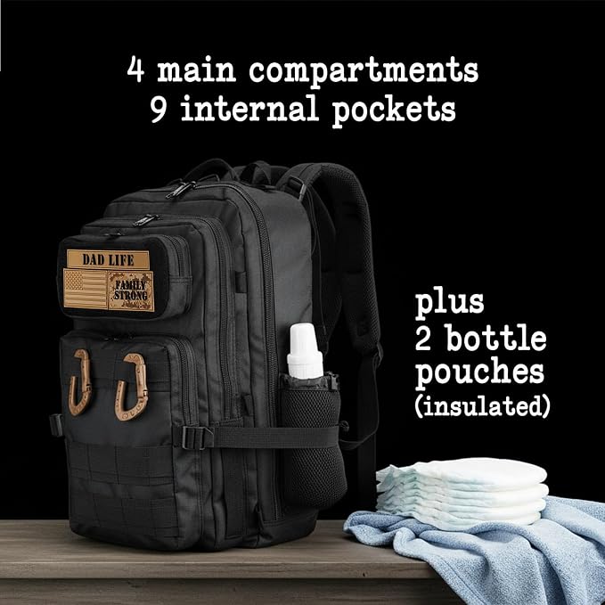 Dad Diaper Bag for Men with Dad Life Patches, Changing Pad | YKK Zippers, 2 Insulated Bottle Pouches, Adjustable Padded Back Straps, Cinch Straps, Stroller Straps, 9 Internal Pockets - Image 4