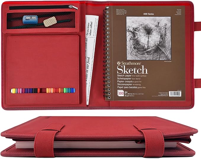 Red Leather Sketchbook Cover 9x12, Travel Drawing Portfolio | Portable sketch kit organizer, pencil holder, Fits 9x12 Sketch Book, Spiral Pad, Compact artist storage case by Plinyvel