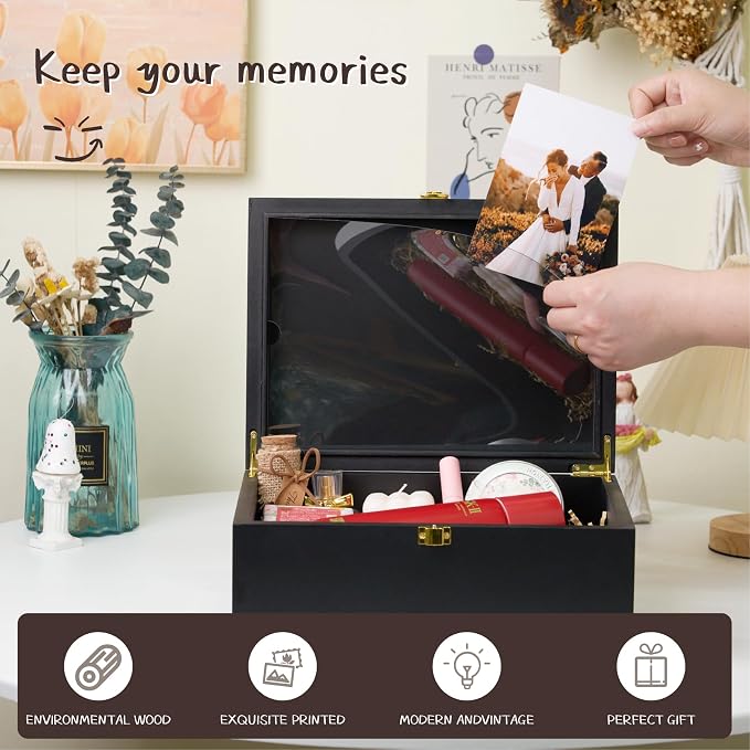 Larger Wooden Memory Keepsake Boxes With Hinged Lids and a photo frame inside the lid - Decorative Storage Box With a Hinge Lids For Picture Letter Time Capsule - 5.3“*8.6”*11.7“ Black - Image 2