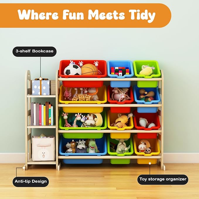 Toy Storage Organizer with Bookshelf, Wooden Toy Organizers with 3 Shelves 12 Storage Bins, Kids Bin Shelf Toys Box Bookcase for Playroom Bedroom Organization, Multi Color - Image 6