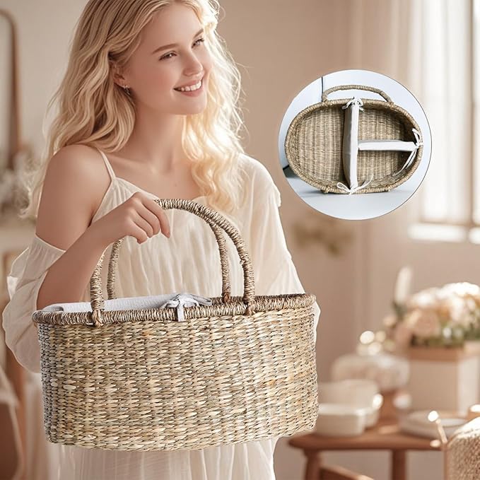 Premium Wicker Baby Diaper Caddy Organizer, Woven Seagrass Basket with Handles, Diaper Basket with Dividers (Seagrass) - Image 5